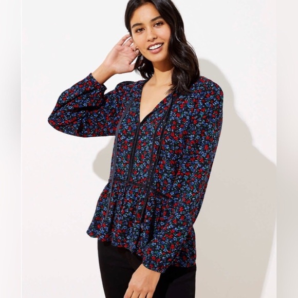 LOFT Tops - NEW Loft Floral Tie Neck Peplum Hem Blouse